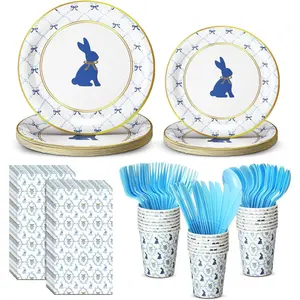Yungyan 168 Pcs Easter Bunny Tableware Set Birthday Decorations Blue Bunny Bow Disposable Dinnerware Including Paper Plate Cup Napkin Cutlery Baby Shower Party Rabbit Plates for Table Supply Serves 24