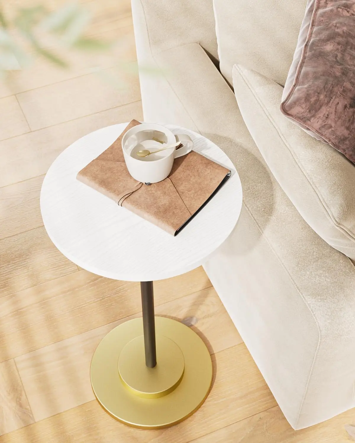 Masupu White Pedestal Side Table - Round Small End Table with Metal Base for Living Room, Bedroom (Space-Saving Indoor Furniture)
