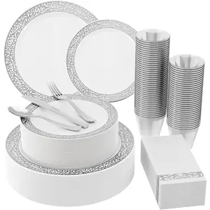 Count Silver Dinnerware, Silver Disposable, Includes 30 Dinner & 30 Dessert & 30 Cups & 30 Paper & 30 Silverware Set