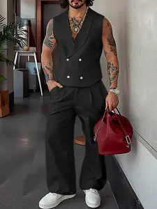 INCERUN Men's Fashion Solid Color Polyester Double-Breasted Sleeveless Vest Long Pants Casual Set, Stylish Two-Button Design, Comfortable All-Day Wear