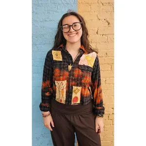 Cropped Flannel Shirt | Upcycled Distressed Flannel Size SMALL#1355