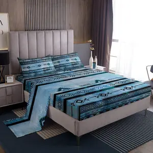 Feelyou Southwestern Themed Bedsheet Sets - Boho Geometric Tribal Native American Design, Blue Black Microfiber Bed Sheets, Breathable, Durable Boho Bedding for Kids’ Bedrooms