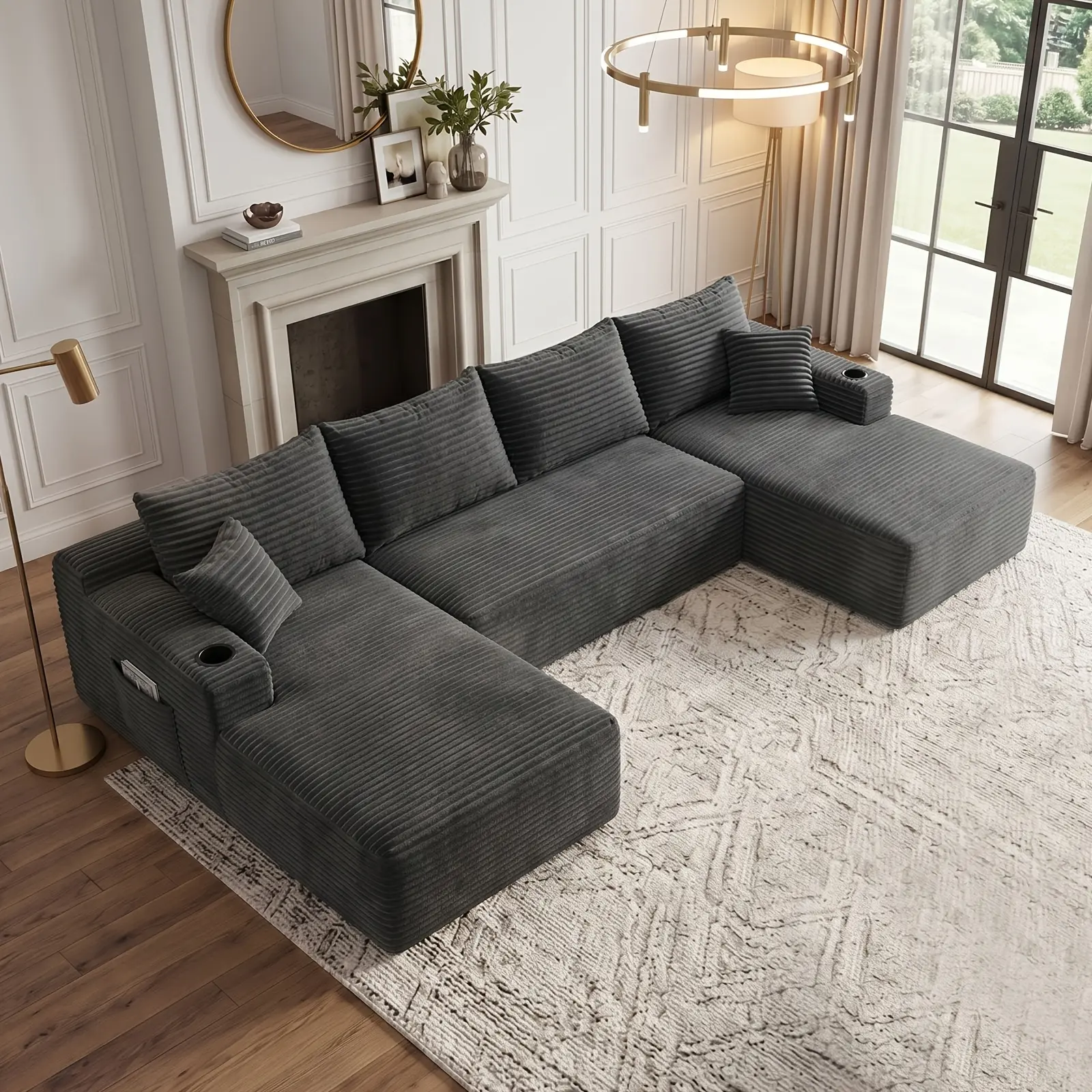 Oversized Sectional Sofa for Large Living Room 134" Wide Corduroy Deep Seat Couch with Cup Holders No Assembly Spacious Family Furniture