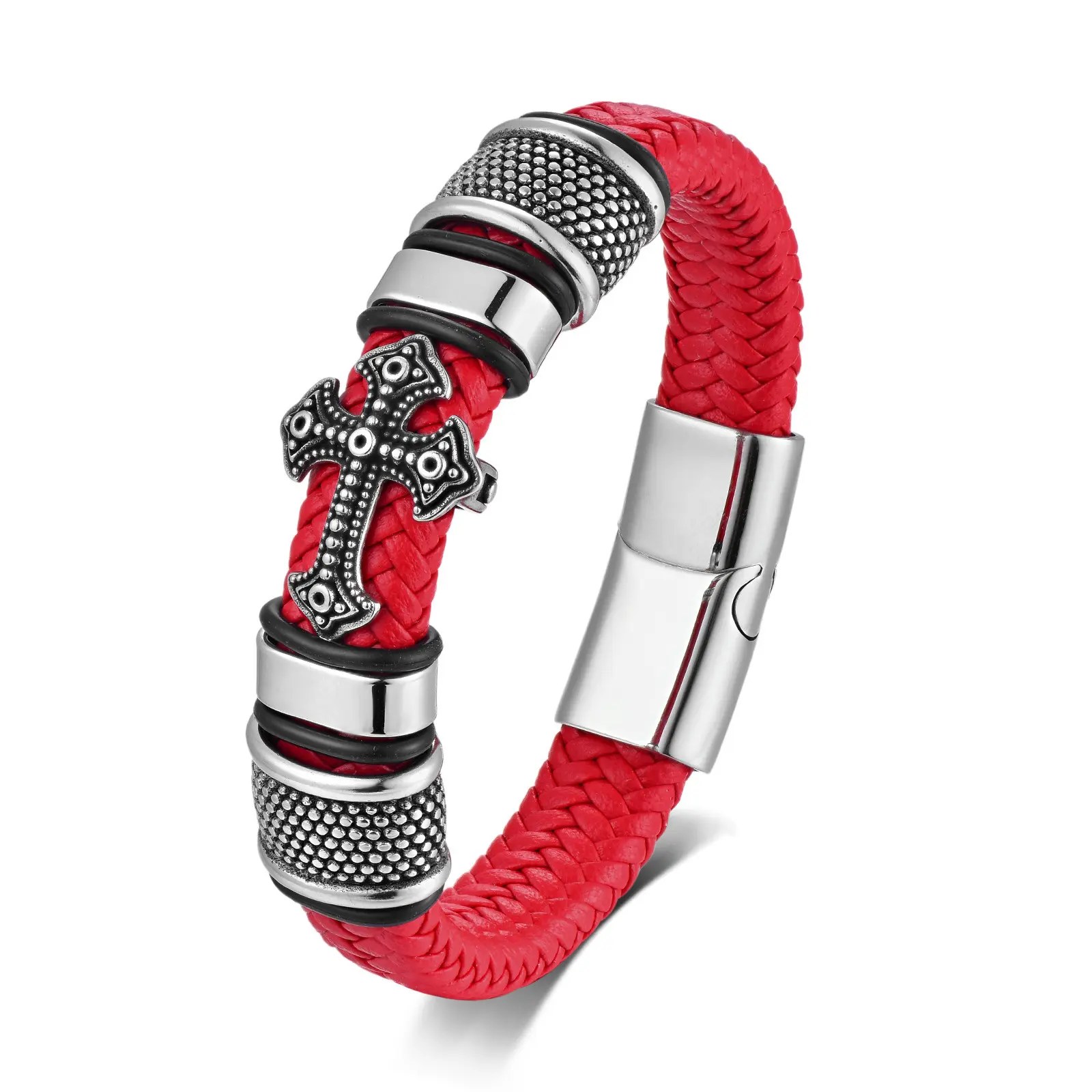 Titanium Steel Cross Leather Braided BraceletMagnetic Clasp Men's Leather Bracelet Gift forBoyfriend