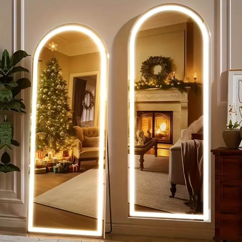 Arched-Gold Full-Length LED Lighted Mirror with Aluminum Frame 16" x 60" Energy Efficient Space Saving Gold Decor for Bedroom Living Room Use