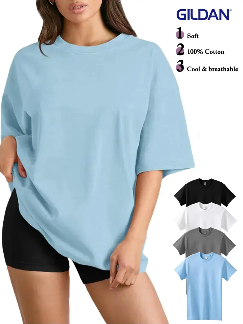 Gildan Women's 4 Pack 100% Heavyweight Cotton T-Shirt Set, Soft Oversized Loose-Fit Plain Tops, Drop Shoulder Short Sleeve Casual Basics, Black+White+Light Blue+Military Green, Cold Wash, Softness, Premium 100% Cotton Women's T-Shirts, Plain Graphic, Tag-