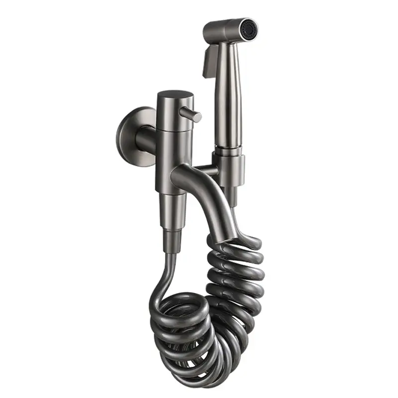 LSNMSO Pewter Wall-Mounted Mop Sink Faucet with Handheld Sprayer, Stainless Steel Utility Set with Flexible Hose for Easy Rinsing, Extended Reach, Garages & Commercial Use
