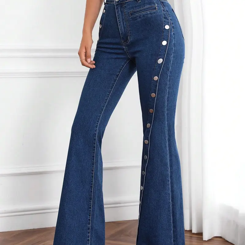 Women's Casual High-Waisted Jeans, Featuring A Multi-button Design, Medium-stretch Fabric, Dark Blue Slimming Flared Style. Fashionable And Versatile Denim Trousers Are Suitable For All Seasons