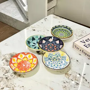 Boho Style Ceramic Plate, Modern Ceramic Dinnerware, 6 Counts Colorful Floral Pattern Salad Plate, Dessert Plate, Snack Plate, Dinner Plates, Multifunctional Kitchen Tableware