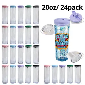 Crafix 24-Pack 20oz Plastic Double-Wall Tumbler Water Bottles Flip Straw, Washable Portable Cups with Pre-Drilled Hole, Flip-Top Lid, Suction Nozzle & Silicone Plug, 6-Color Glitter Mix for DIY, Festive Gifts