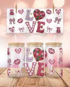 Valentine's Day - Rhinestone - LOVE #2 UVDTF Sticker Wrap For 16 oz Libbey Glass Cup