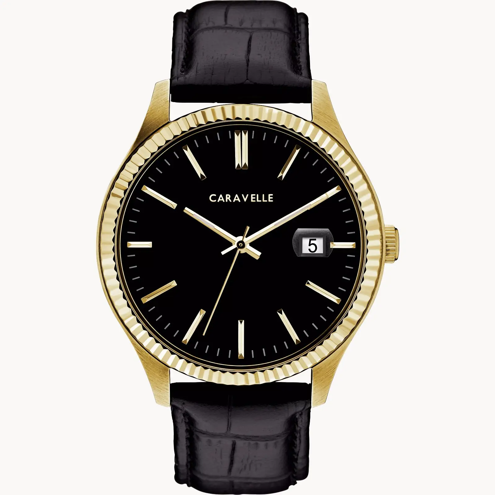 Men's Caravelle Quartz Watch - Leather Strap, Polished Black Finish, Formal-Casual Fashion Accessory for Business Casual Outfits