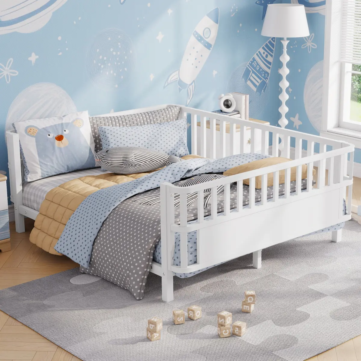 Full Size Platform Bed for Kids, Heavy-Duty Metal Low Profile Full Bed with Rails for Girls and Boys, Noise Free, No Box Spring Needed, White