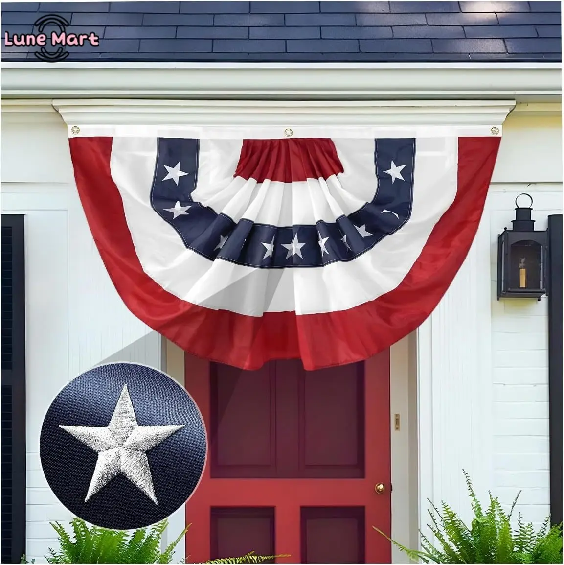 American Pleated Bunting Flag, 2x4 Ft Half Fan Decoration Banner with Embroidered Stars & Brass Grommets, Patriotic Outdoor Home Decor for 4th of July (1-6 Pack), Decoration Banners, Home Decor Banner