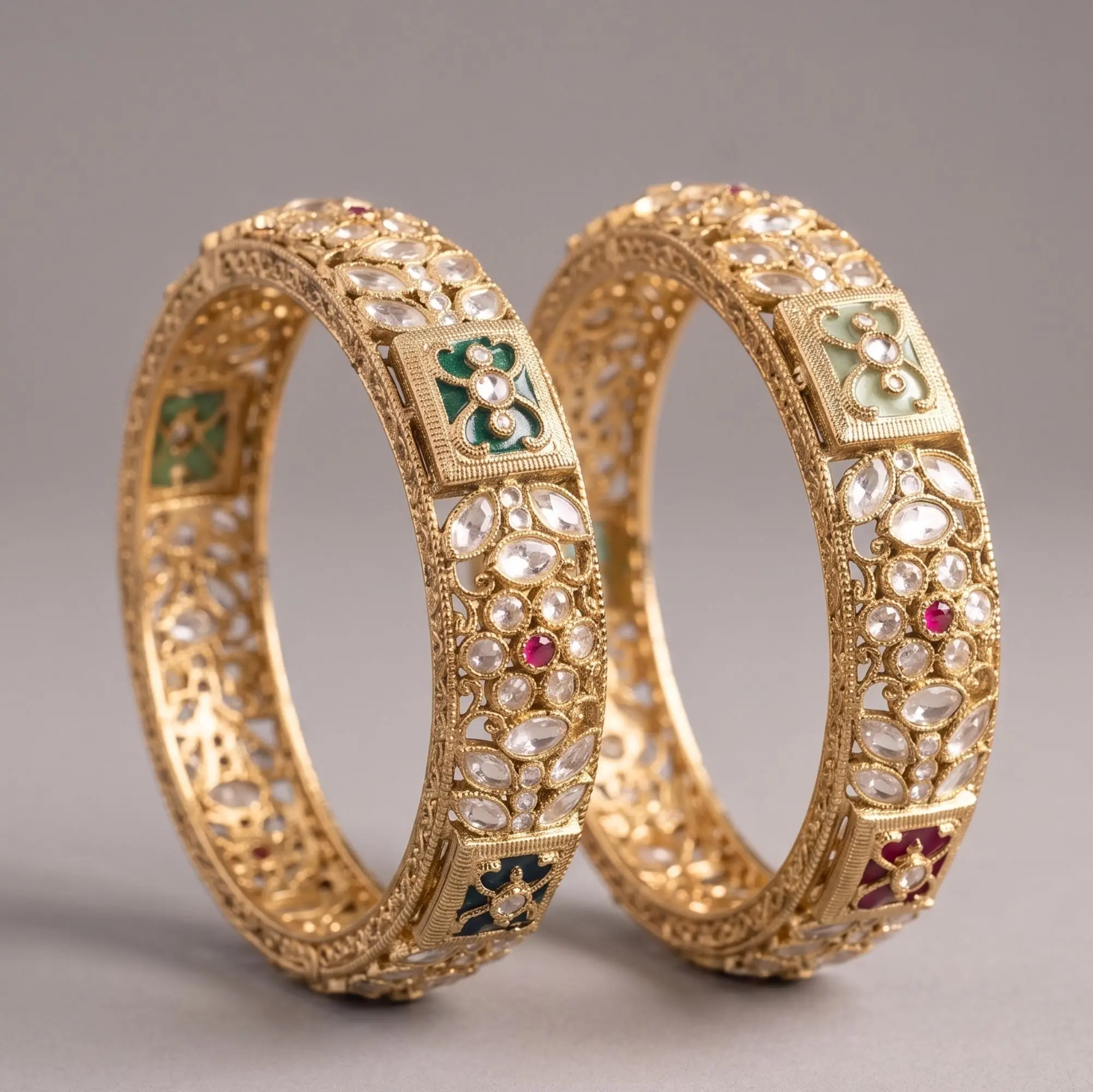 Elegant AD Gold Bangles with Intricate Floral Design and Multicolored Stones for Women's Jewelry