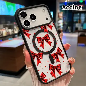 Magnetic Phone Case Compatible with iPhone 17 Pro Max 16 Plus 15 14 13 12 11 Air E Red Bow Pattern Clear Acrylic Hard Back Soft TPU Edge Non-Yellowing Protective Cover