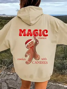【Plus Size】 Cartoon Gingerbread Man Print Drop Shoulder Hoodie, Fashion Casual Drawstring Pocket Hooded Sweatshirt for Daily Holiday Outdoor Wear, Women Clothing for Fall & Winter
