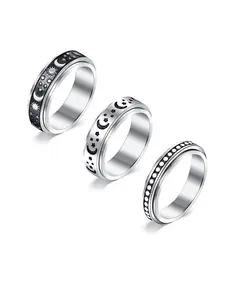 3pcs/set Simple Star & Moon Design Stainless Steel Rings, Rotating Decompression Spinner Rings for Both Men & Women, Elegant All-match Fashion Accessories for Daily & Party Decoration