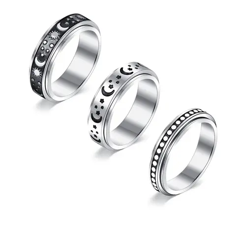 3pcs/set Simple Star & Moon Design Stainless Steel Rings, Rotating Decompression Spinner Rings for Both Men & Women, Elegant All-match Fashion Accessories for Daily & Party Decoration, Stackable Rings, Stacking Ring Set