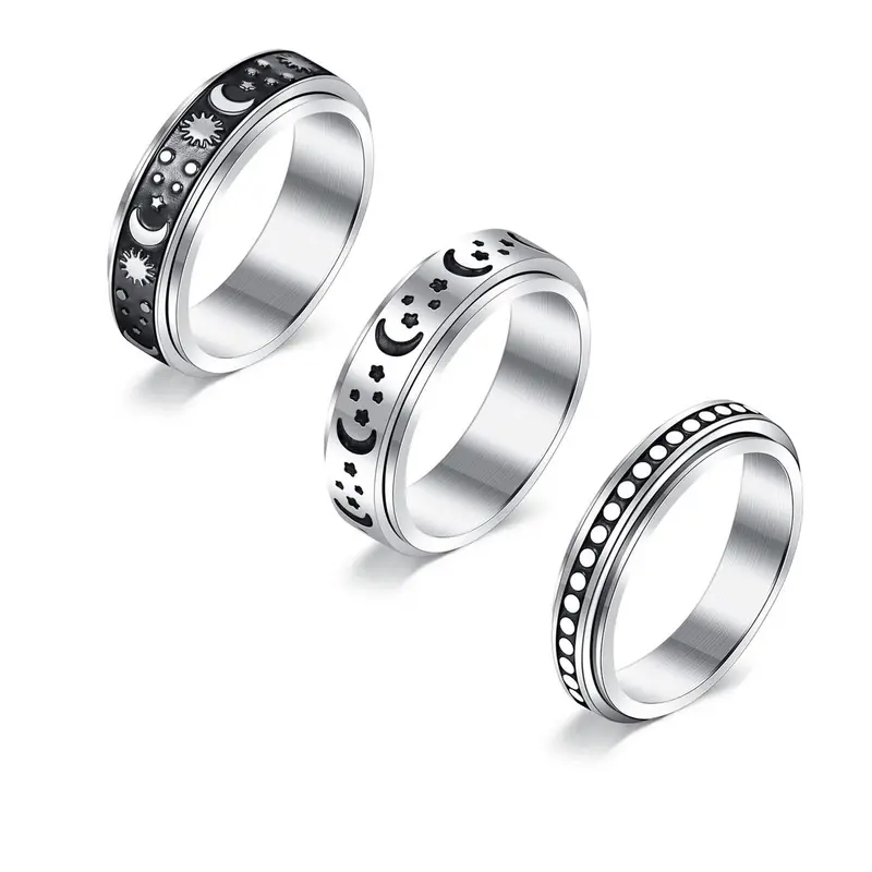 3pcs/set Simple Star & Moon Design Stainless Steel Rings, Rotating Decompression Spinner Rings for Both Men & Women, Elegant All-match Fashion Accessories for Daily & Party Decoration, Stackable Rings, Stacking Ring Set