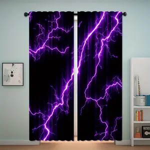 2-Pack Lightning Art Print Polyester Door Curtains, Rod Pocket Transparent Design, Modern Decor, Bedroom Living Room Office