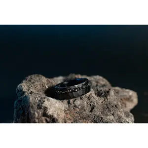 Meteor Fall - Hammered Black Meteorite Tungsten Ring, 8mm Width