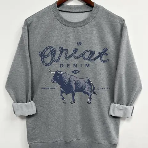 Women's Wild Bull & Letter Print Crew Neck Sweatshirt, Casual Long Sleeve Pullover for Fall & Winter, Ladies Clothes for Daily Wear, Everyday Tops