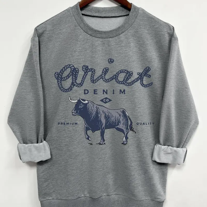 Women's Wild Bull & Letter Print Crew Neck Sweatshirt, Casual Long Sleeve Pullover for Fall & Winter, Ladies Clothes for Daily Wear, Everyday Tops