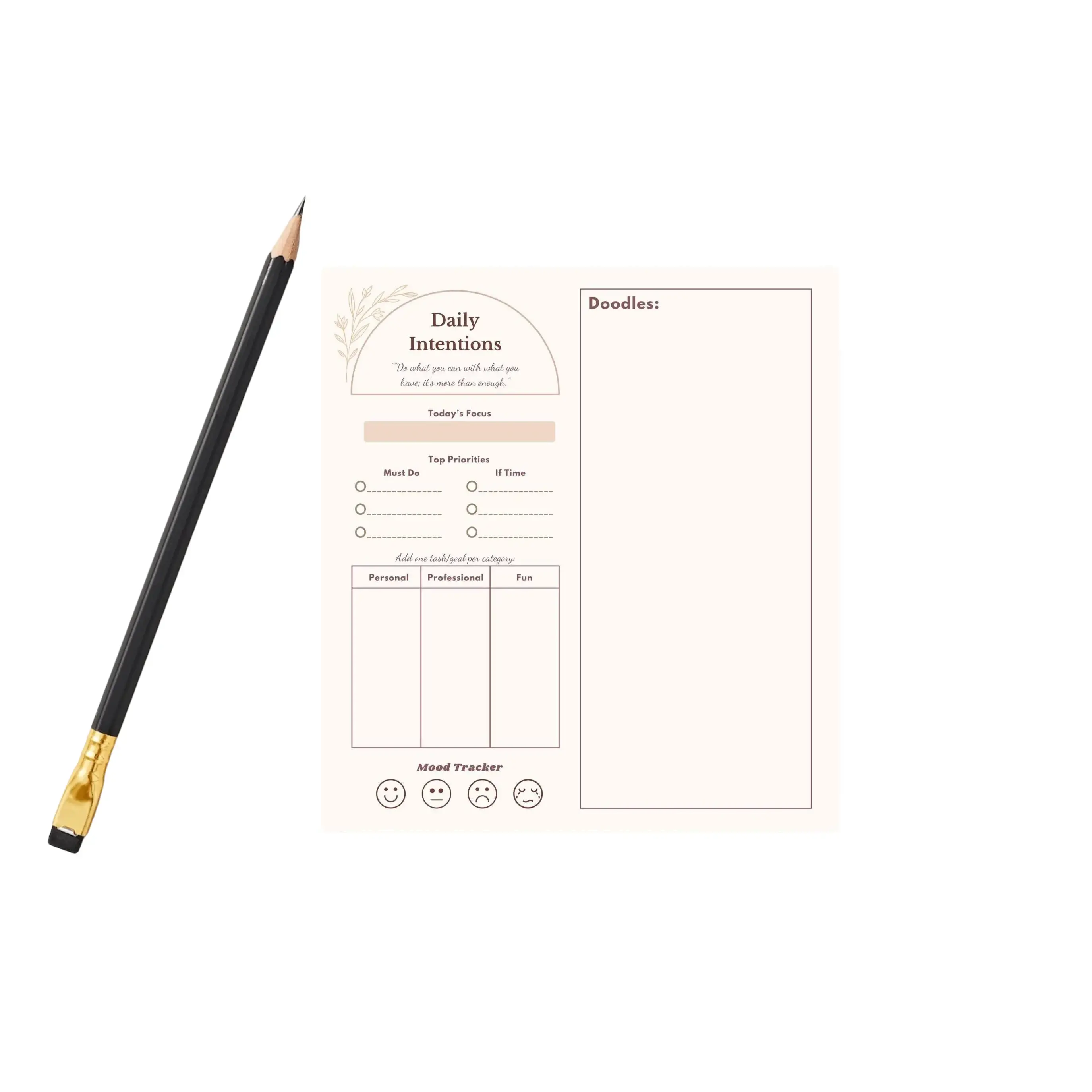 Daily Intentions Notepad | 5.5x6 Tear-Off Pad | Cardboard Backing | Minimal Daily Planner for Focus & Mood Tracking
