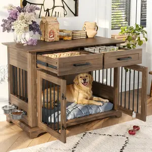 Eyisean 44.4" Multi-Function Large Dog Crate Furniture, Modern Wooden Dog Kennel End Table with 2 Storage Drawers & Roating Bowl, Indoor Decorative Pet Cage House with 4 Lock for Medium Dogs