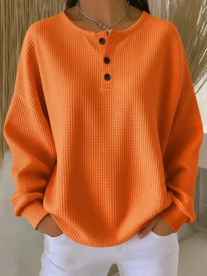 Women's White Waffle Knit Henley Long Sleeve Shirt, Casual Loose Fit Pullover Top for Fall Winter Everyday Wear, Cozy Lounge & Weekend Outfit