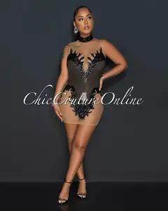 *Meddy Black Nude Mesh Sheer Sequins Mini Dress