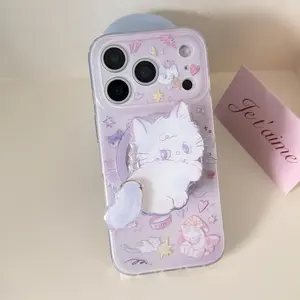Double MagSafe Cat Purple Dizzy Phone Case for iPhone 17 16 15 14 13 Pro Max Cute Girly Trendy Creative Anti-Drop Protective Magnetic Case with Adorable Cat Design