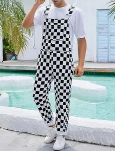 Stretch Men's Overalls, Race Day Denim Coveralls, Workwear with Pockets, Black and White Checkered Jumpsuit with Zipper, Menswear Bibs