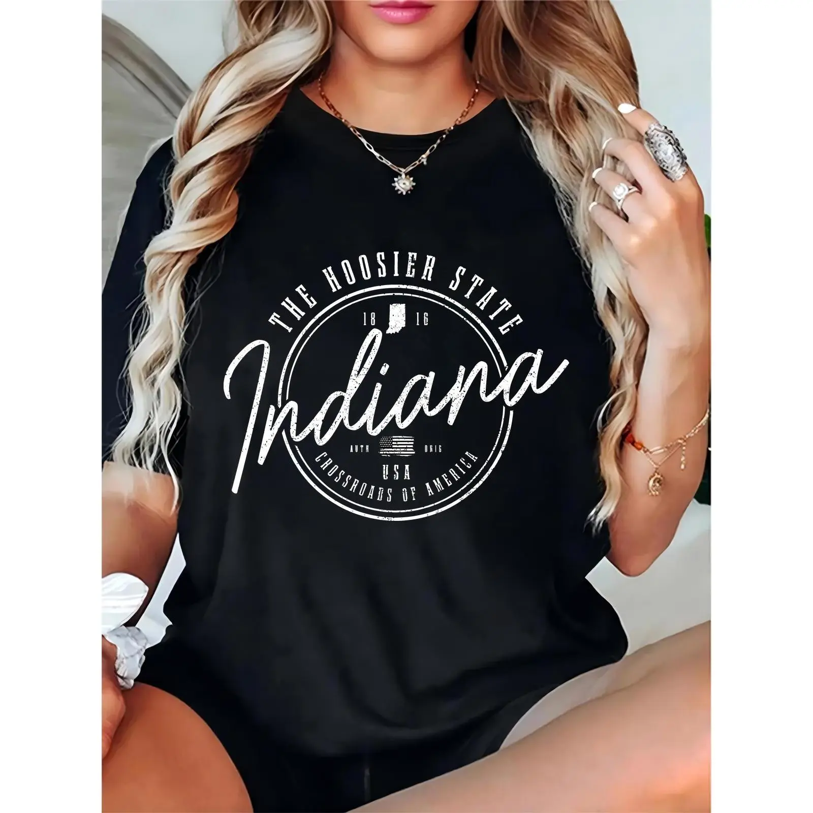 Women's Indiana "The Hoosier State" Graphic T-Shirt | Vintage USA 1816 Crossroads of America Casual Tee, State Pride Daily Fashion Top