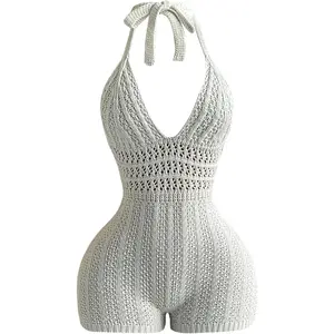 WDIRARA Women's Boho Hollow Out Tie Backless Halter Jumpsuits Deep V Neck Knit One Piece Romper
