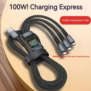 3-In-1 100w Fast Charging Data Cable, Smart Super Quick Charge, Multi Interface Support, USB Visible Battery Display, for Apple & Samsung