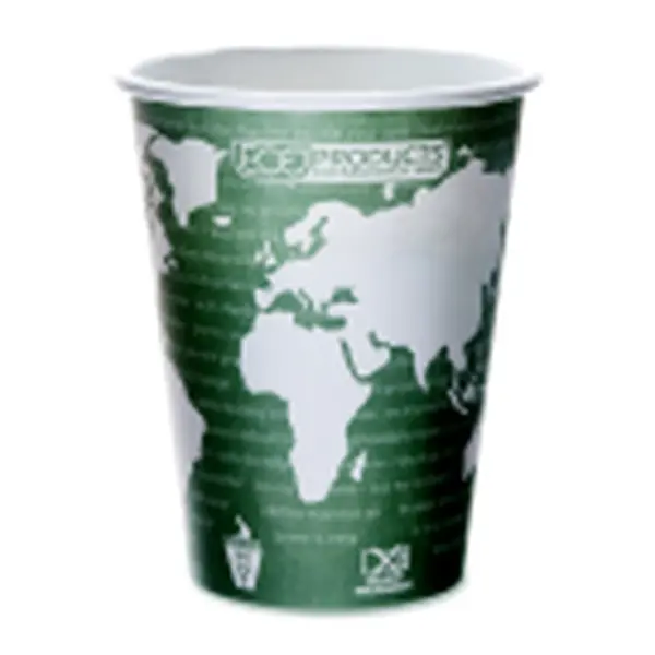 Eco Products 12 Oz. World Art Compostable Renewable Smooth Rolled Rim Hot Drink Cup, Natural Plastic, Blue Marble, Pack Of 50