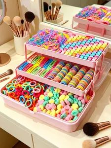 1001pcs Rainbow Hair Accessory Gift Box with 3-Tier Storage, Includes Colorful Small Elastics, Hair-Friendly Ties, Duckbill Clips & Claw Clips, Perfect for Little Girls' Daily Styling, School, Parties & Gift Giving, Hair Accessory Sets