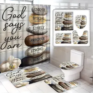 Motivational Stone Word Bathroom Set, Includes Bath Mat, Toilet Pad, U-Shaped Pad, Elegant Home Bathroom Decor, Bathroom Decoration Accessories, Best Gift, Shower Curtain Set