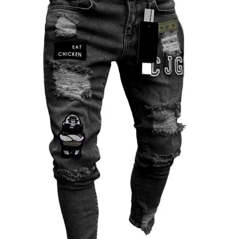 Men's Patched Distressed Ripped Skinny Jeans, Casual Comfy Pocket Zipper Design Denim Pants for Daily Wear, Fashion Men's Bottoms for All Seasons