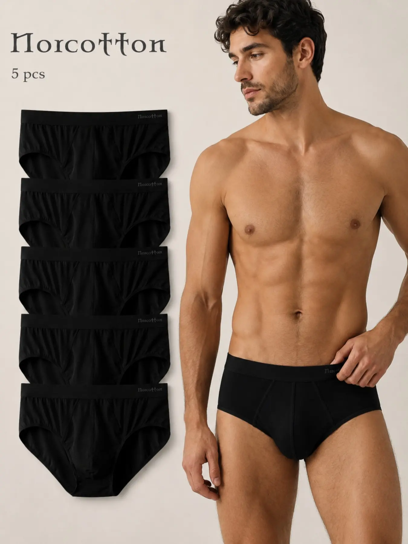 Norcotton 5 Pack Men's Solid Black Triangle Briefs, Soft Stretch Underwear with Wide Waistband