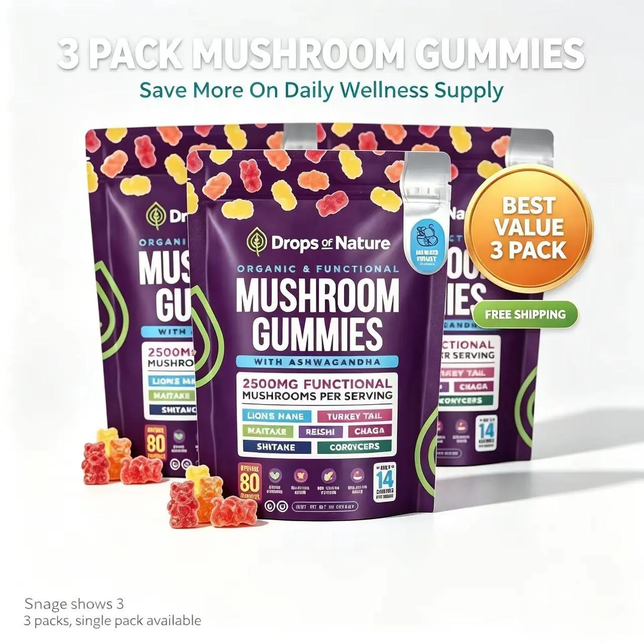 【3 pack】Drops Of Nature Mushroom Complex Gummies with KSM-66 Ashwagandha, Lion's Mane, Reishi, Cordyceps, Chaga, Maitake, Shiitake, Turkey Tail, Mixed Fruit Flavor, 80-Count Natural Dietary Supplement