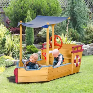 Kids Wooden Sandbox with Canopy Bench Seat Storage Space Aged 3-8 Years Old Play Boat Design Sun Rain Protected Solid Construction Bottomless Design with Liner