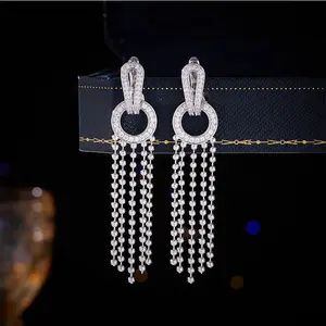 Generic Rhinestone Tassel Drop Earrings for Women Statement Dangle Earrings Long Fringe Earrings Sparkling Elegant Fashion Jewelry for Party Wedding Evening Gift