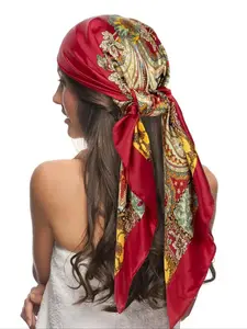 35.4 Inch Square Silk Scarf for Women, Elegant Paisley Print Scarf for All Seasons, Versatile Bohemian Style Headband and Belt