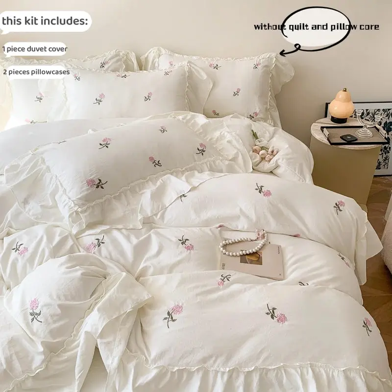 Elegance in Bloom – Embroidered Rose Duvet Cover Set