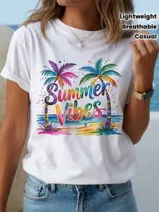 T-Shirt Featuring a Y2K Tropical Palm Tree Design And a Summery Vibe - a Lightweight Round Neck Short Sleeve Beach Shirt Adorned with a Light Pink, Purple, Blue, Yellow, Orange, And Green Print. Perfect for Casual Spring And Summer Wear
