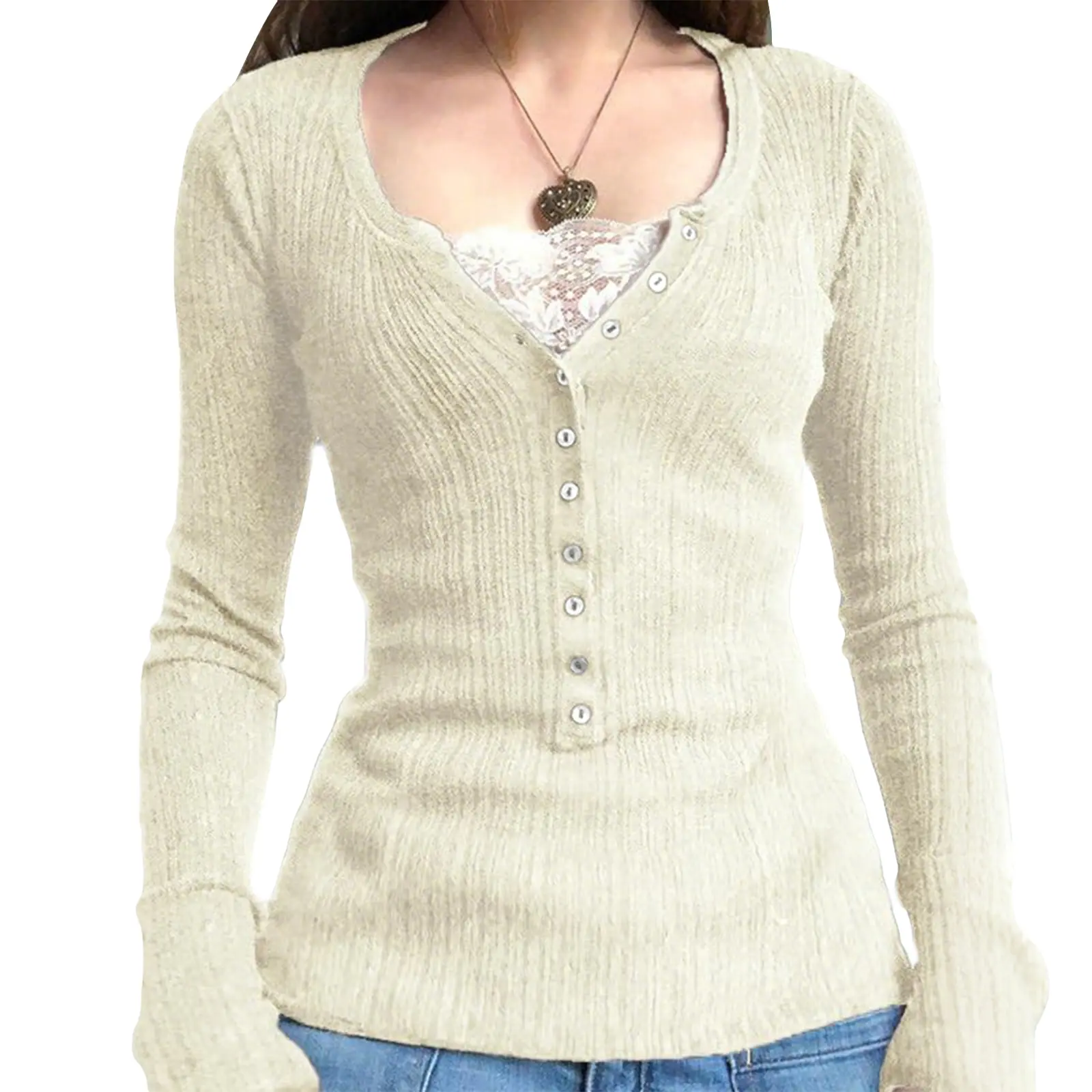 Ladies Female Women Button Front Knit Tops, Long Sleeve Lace PatchworkFit Fairy Grunge T-Shirts Womenswear Streetwear