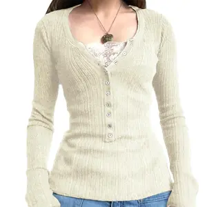 Ladies Female Women Button Front Knit Tops, Long Sleeve Lace PatchworkFit Fairy Grunge T-Shirts Womenswear Streetwear